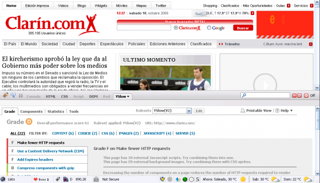 La página web del periódico Clarín analizada con YSlow